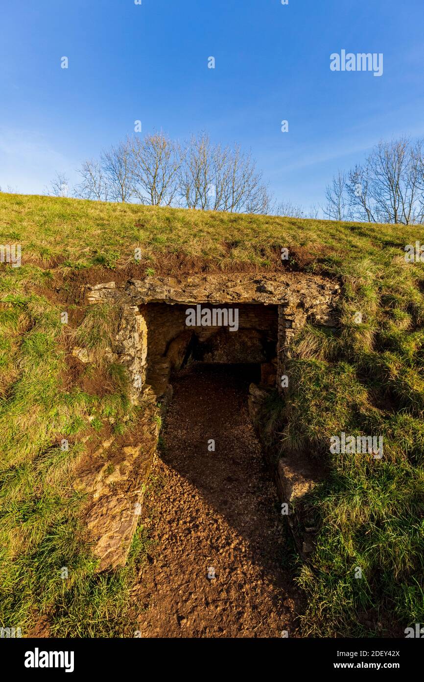 The west burial chamber of Belas Knap Neolithic Long Barrow on Cleeve Hill, Gloucestershire, England Stock Photo