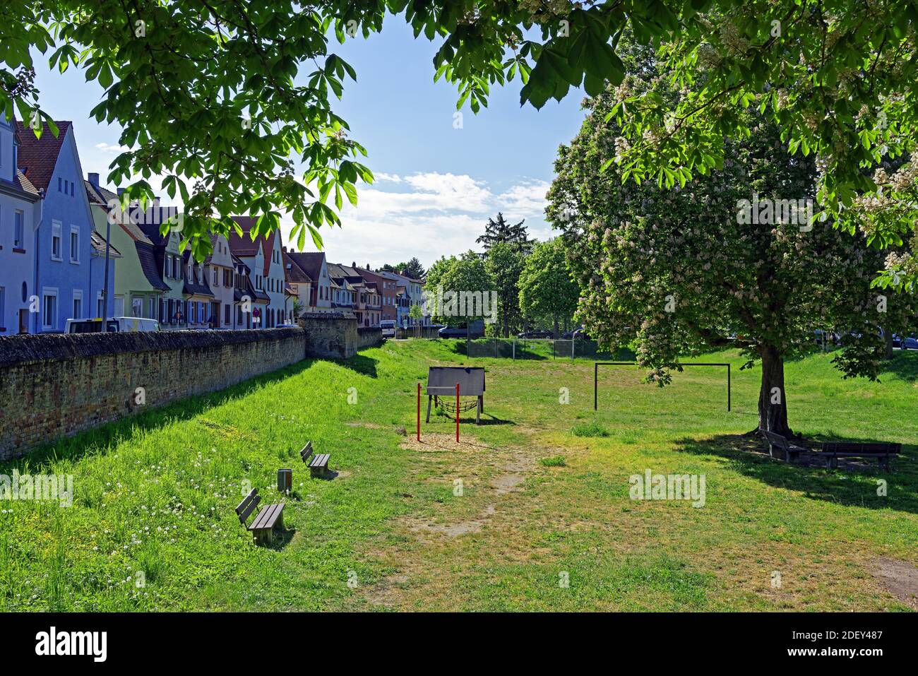 SchUM-Stadt, Altstadt, Stadtmauer, Bärenturm, historisch, Spielplatz, Kastanienblüten, weiß Stock Photo