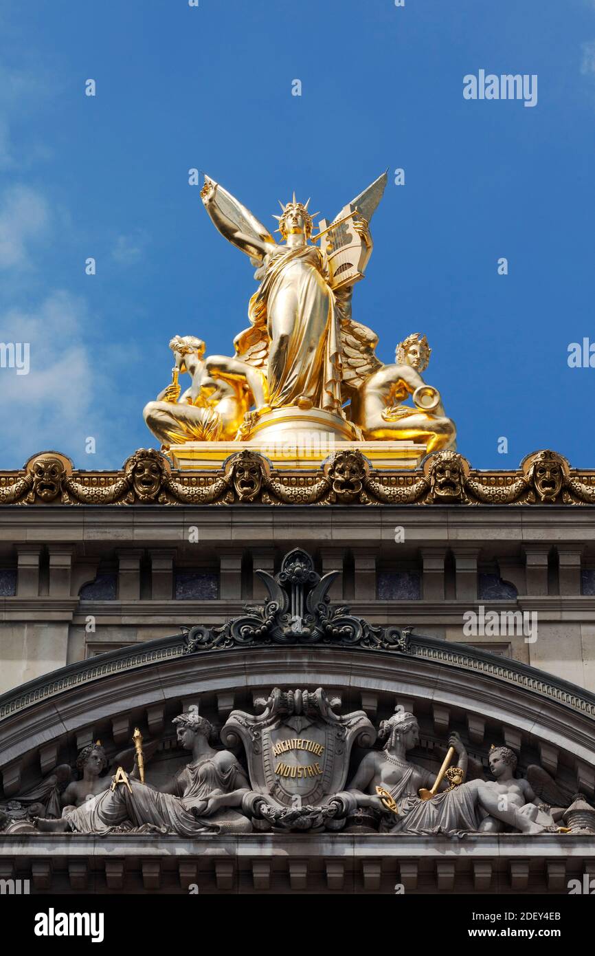 Gumery Harmony statue on top of the Palais Garnie, Palais Garnier, 9th Arrondissement, Paris, Ile-de-France, France Stock Photo