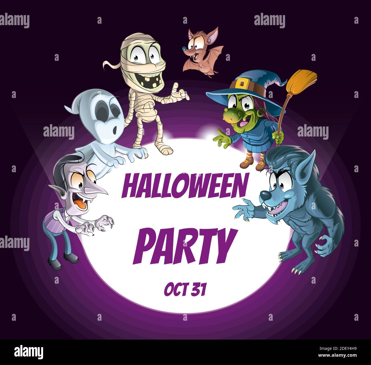 Cartoon Halloween poster with a group of monsters,werewolf,witch,bat,mummy,ghost and vampire, around a lighted circle with the text Halloween Party Stock Photo