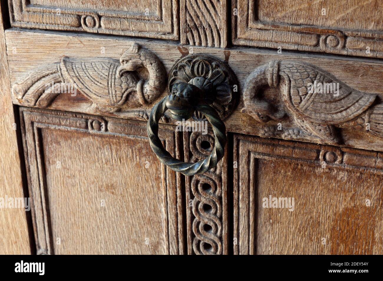 Carved Weathered Door with Two Birds, Entrance to Church of the Holy Apostles, Ancient Agora, Athens, Greece Stock Photo