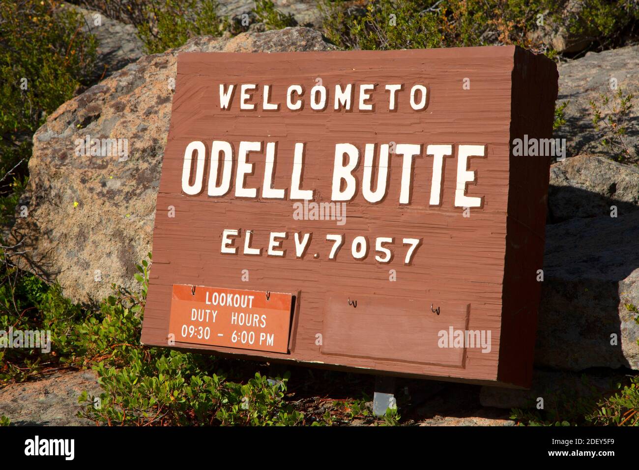 Sign at Odell Butte Lookout, Deschutes National Forest, Oregon Stock Photo
