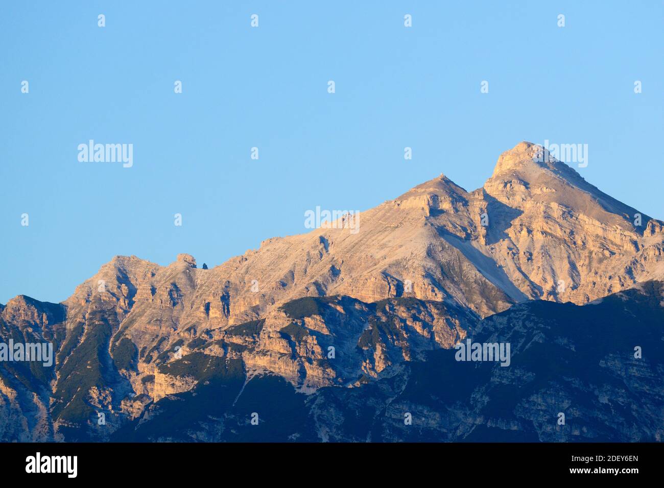 View from Mieders (Neustift) to Serles mountain, Stubai alps, Tyrol, Austria Stock Photo