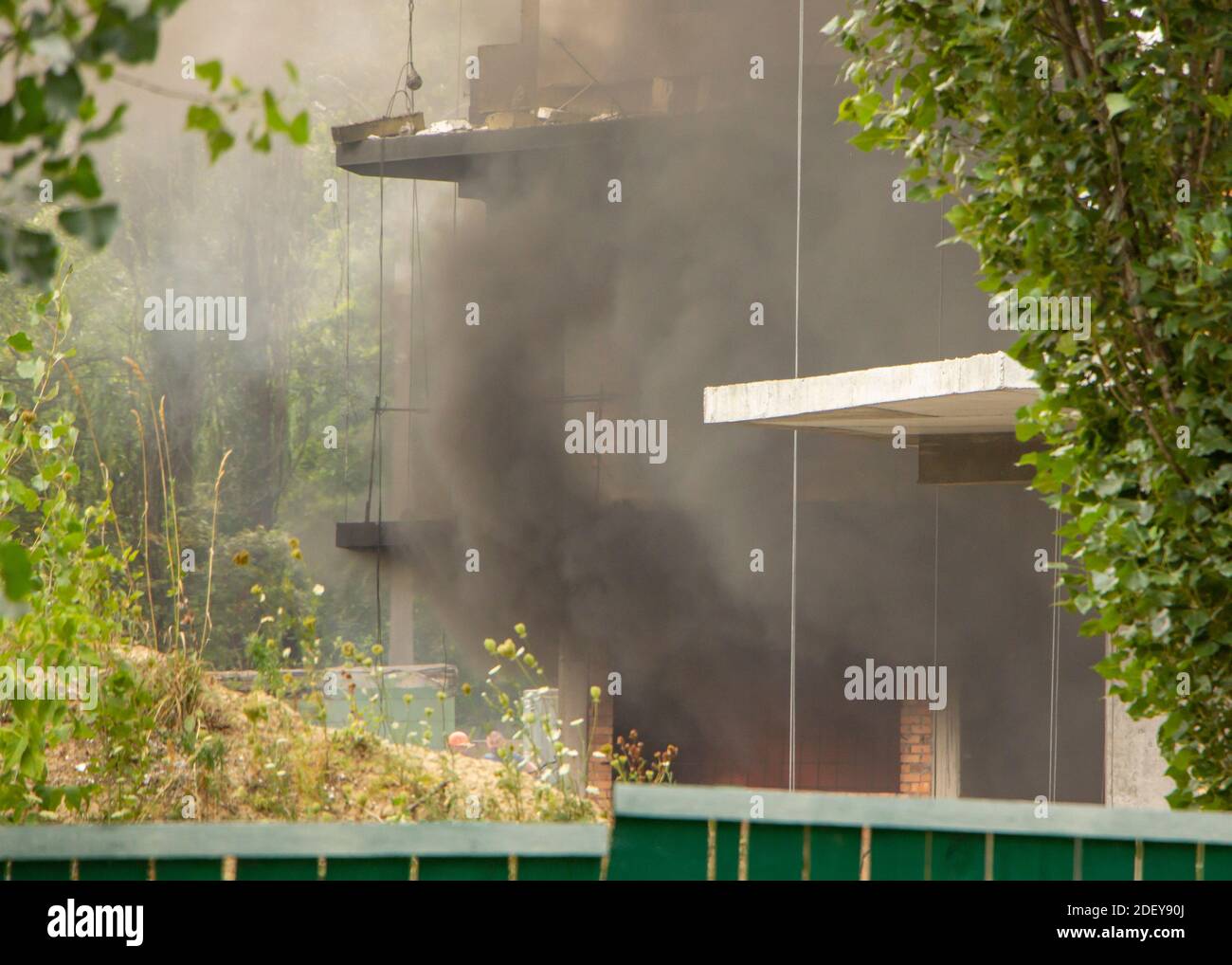 Fire At a construction site of an unfinished multistorey reinforced