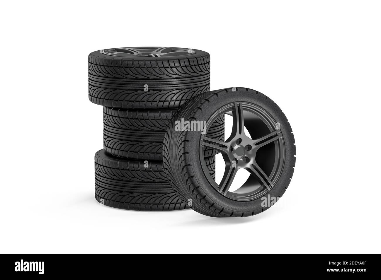 Set of four car wheels rims with tires for passenger car isolated on