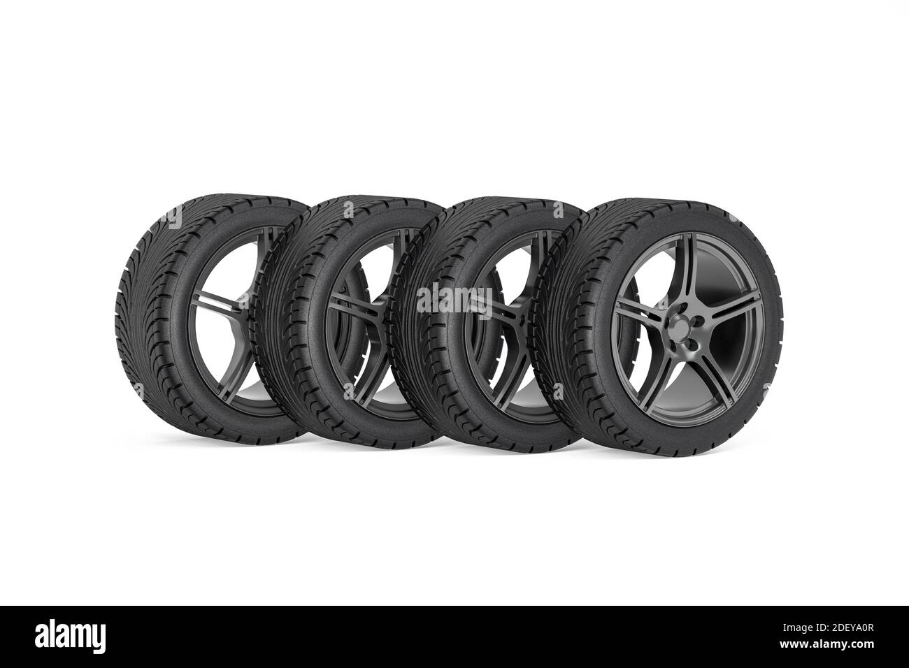 Set of four car wheels rims with tires for passenger car isolated on white background 3D