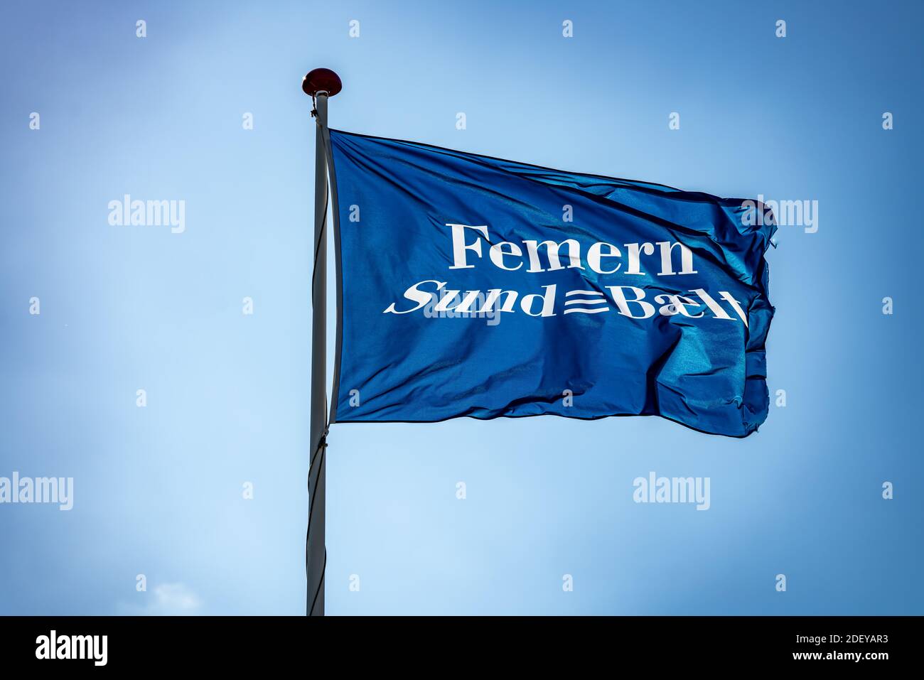 Langt væk Kig forbi Arv Flag with logo of the Femern Belt connection project that will link Denmark  and Germany via an underwater tunnel. . High quality photo Stock Photo -  Alamy
