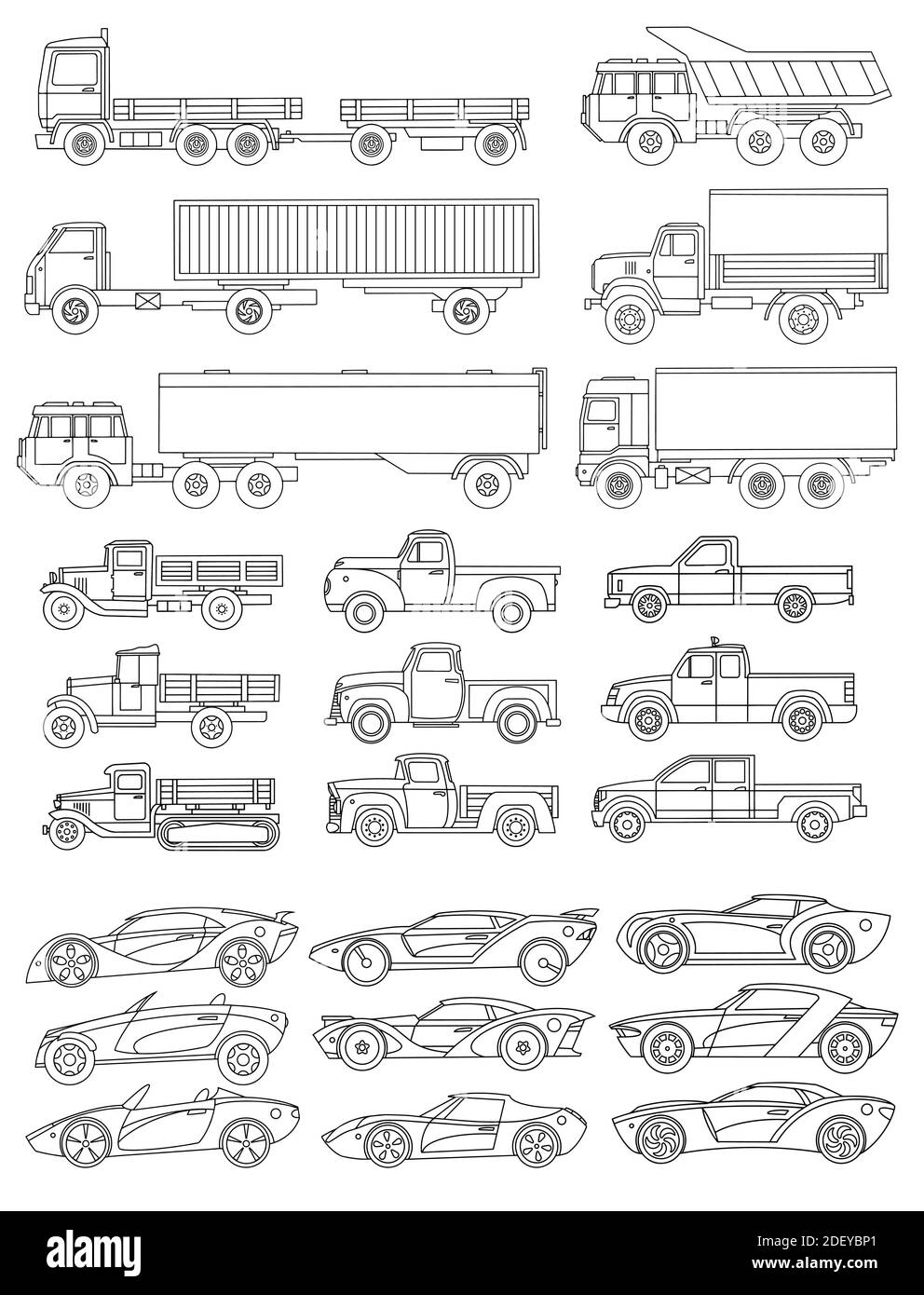 A large set of cars drawn in a linear style. Vector illustration. Stock Vector
