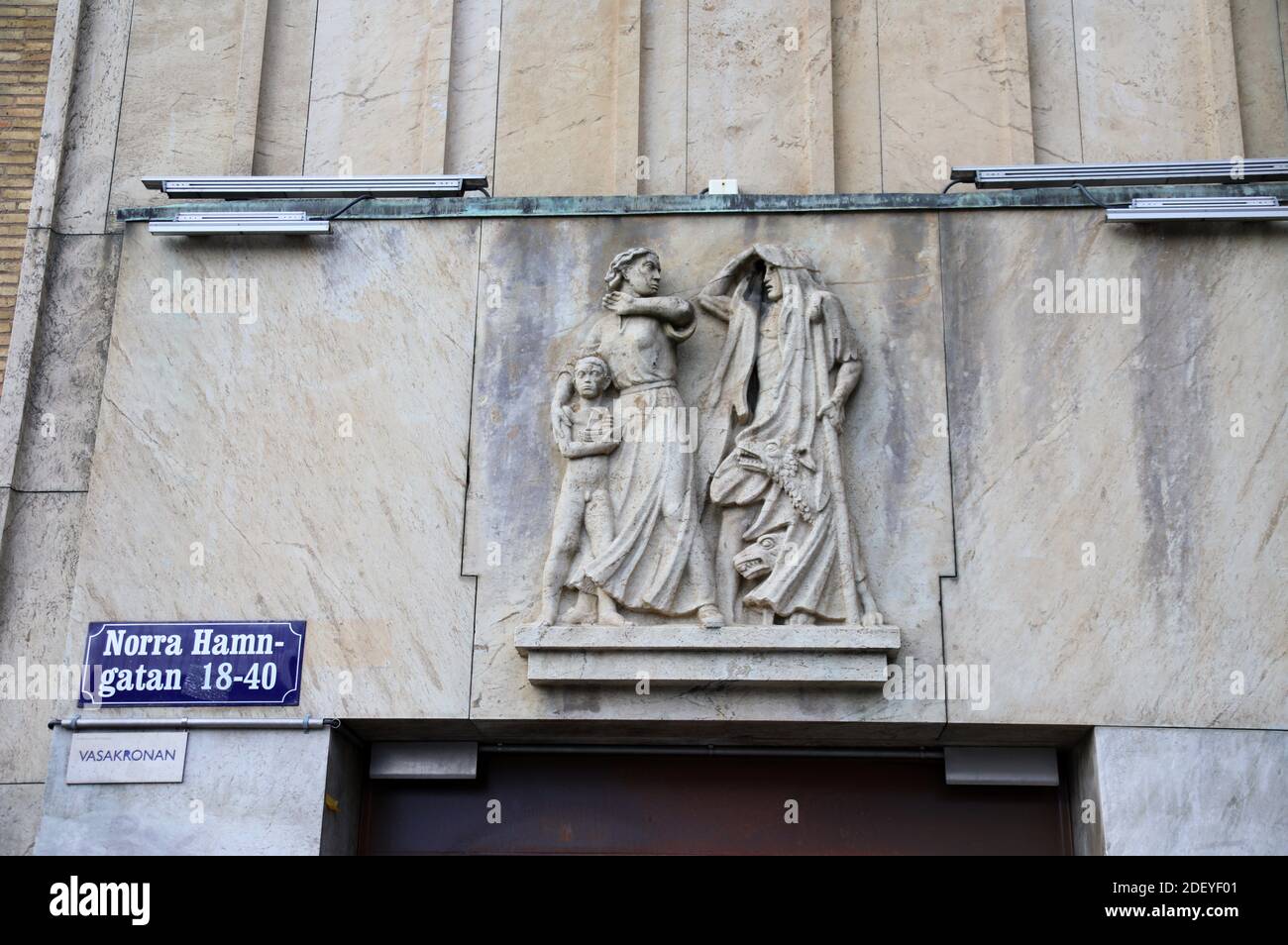 -Stone relief by Ivar Johnsson on the Thulehuset building in Gothenburg Stock Photo