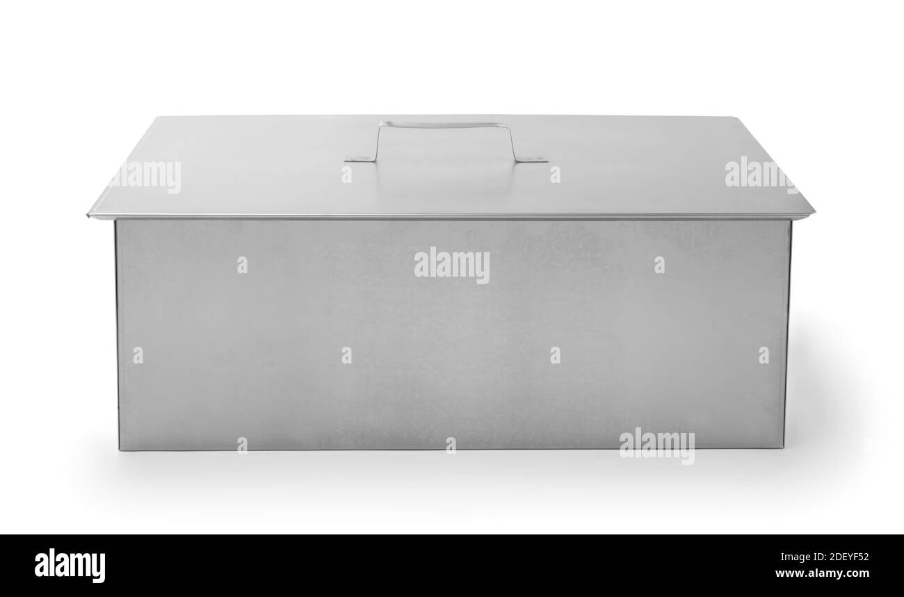 Stainless steel smoker box isolated on white. Front view. Stock Photo