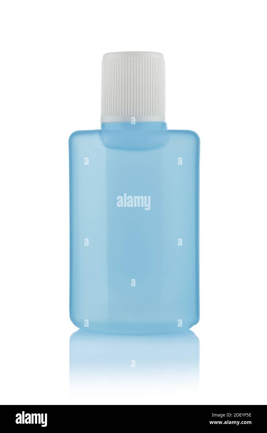 Perfume plastic blue bottle isolated on white. Stock Photo
