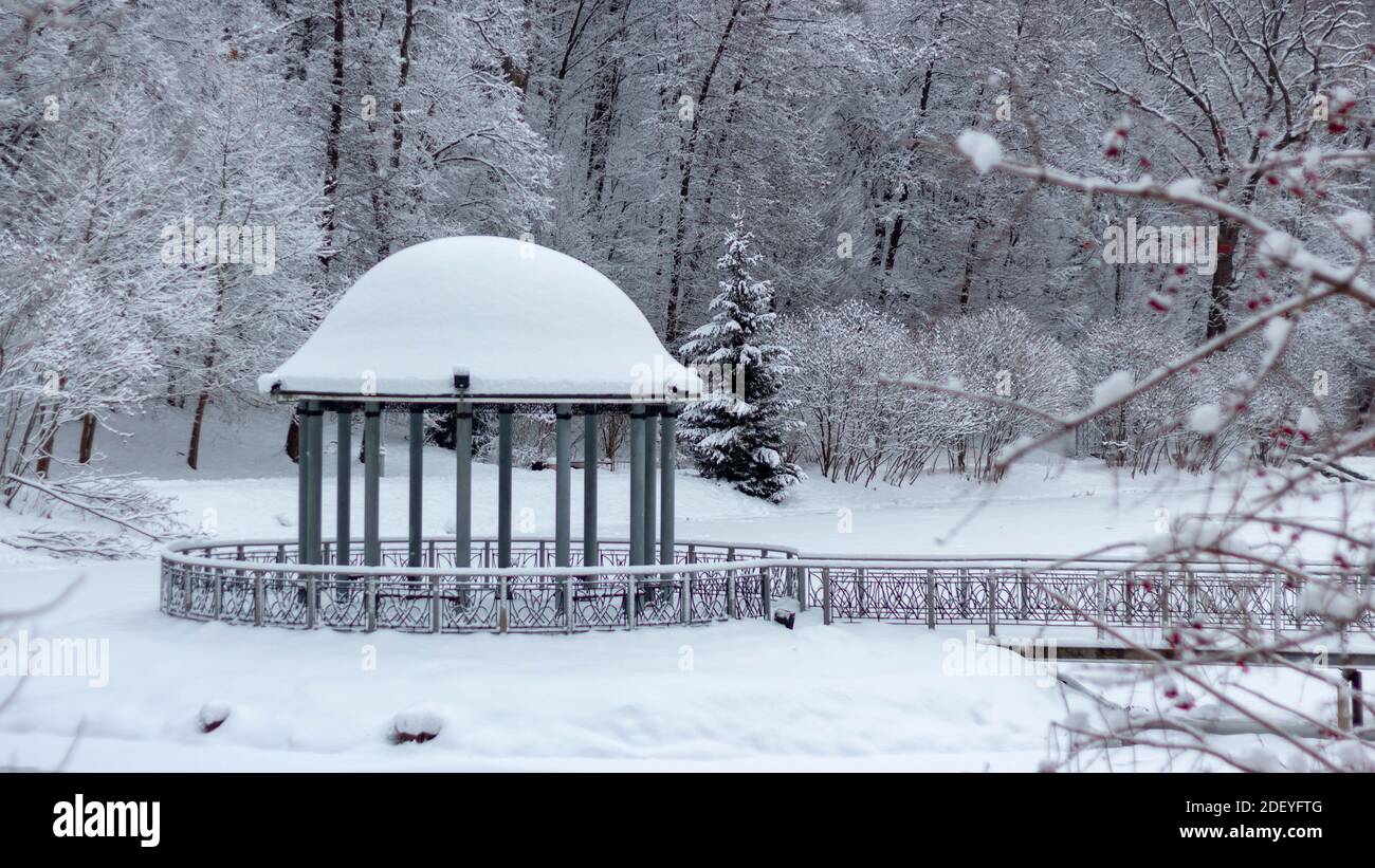 Snow-covered gazebo with a metal bridge in the middle of a lake in the ...