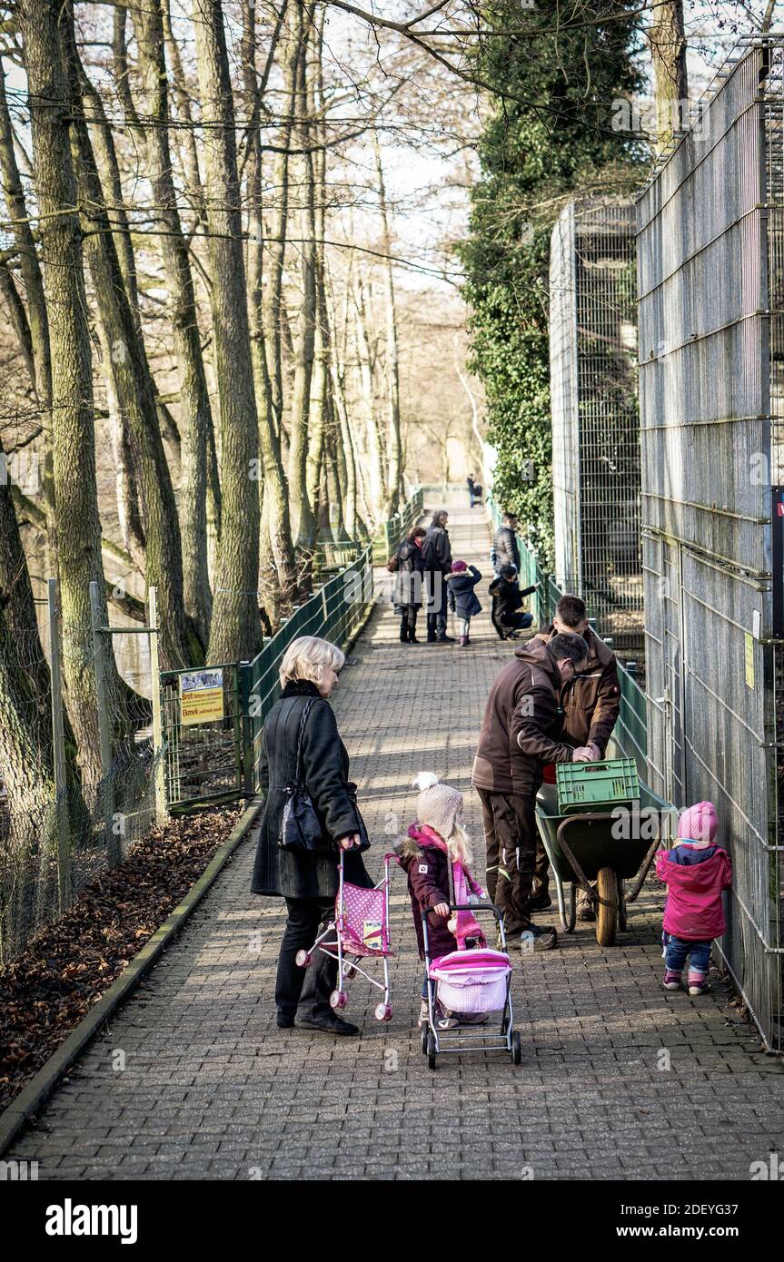 ALSDORF, GERMANY - Dec 28, 2016: Adults and kids standing on a walking path along fences and cages with animals at a park Stock Photo