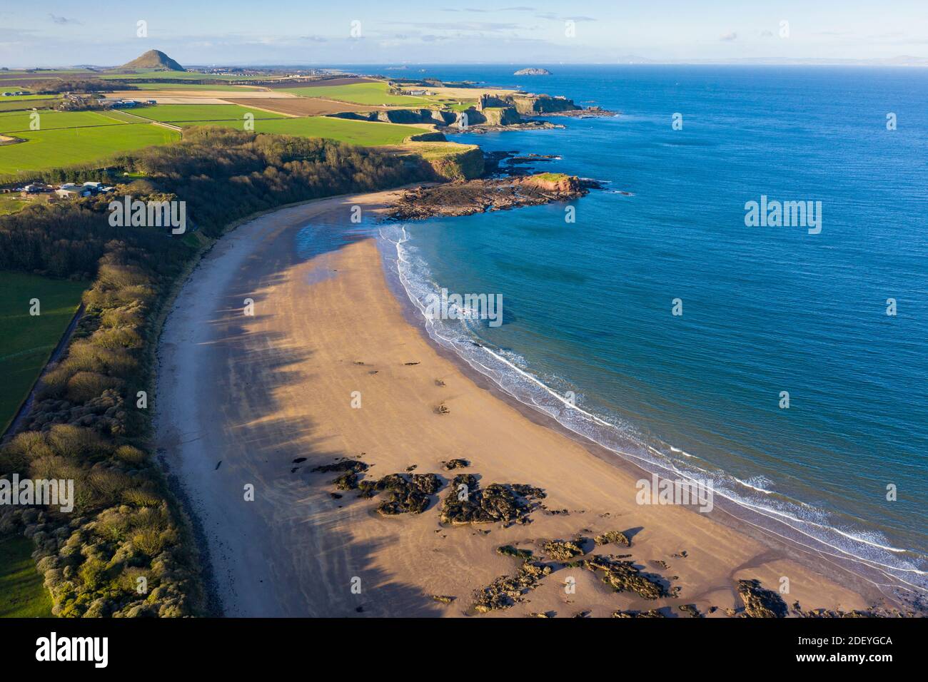 Aerial view of Seacliff Beach in East Lothian, Scotland, UK Stock Photo