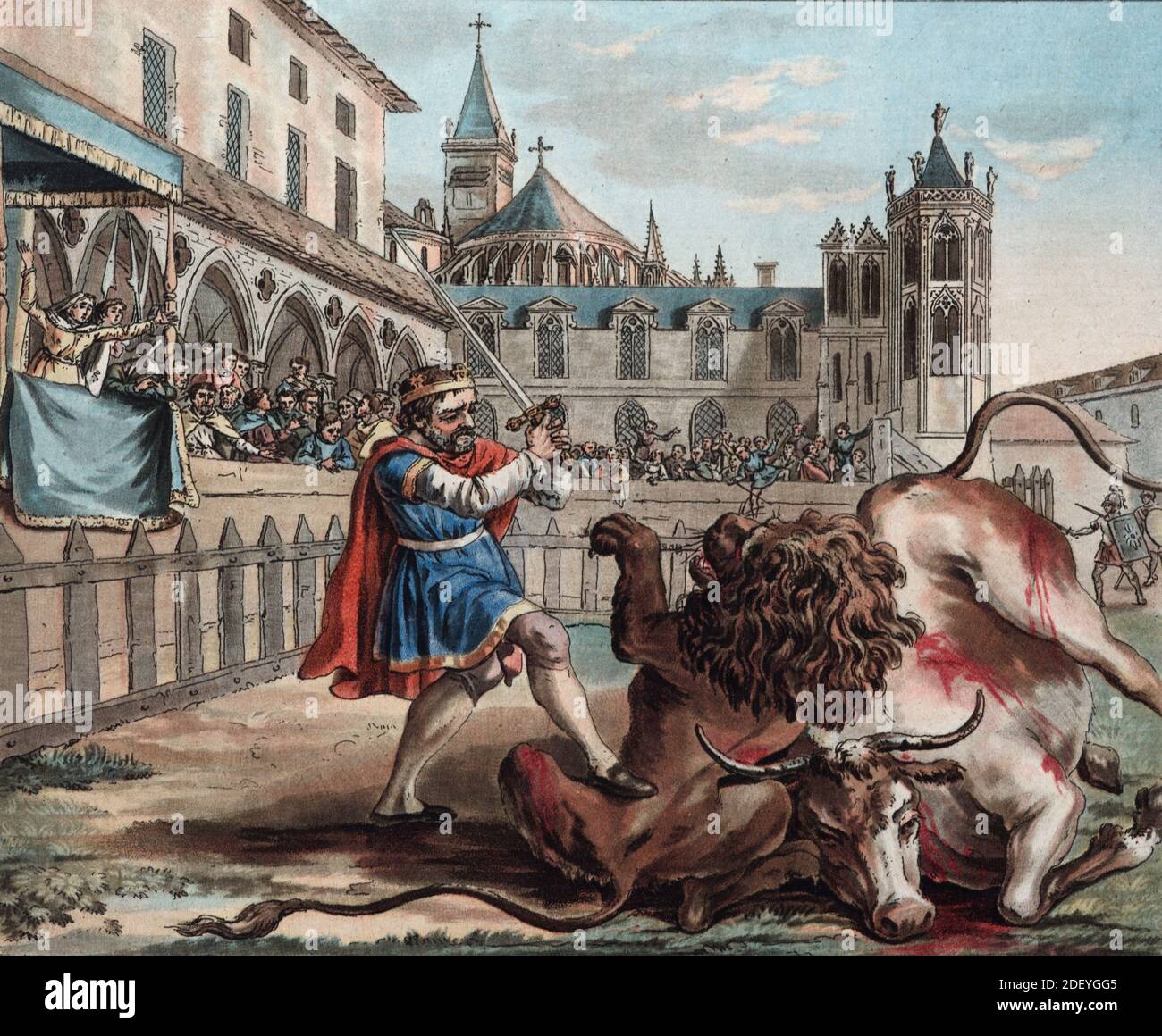Courage of Pepin the Short (c714-768) King of the Franks (Engr 1789) (Sergent-Moret) Fighting Lions and Bulls in a Medieval Arena. Illustration or Engraving Stock Photo