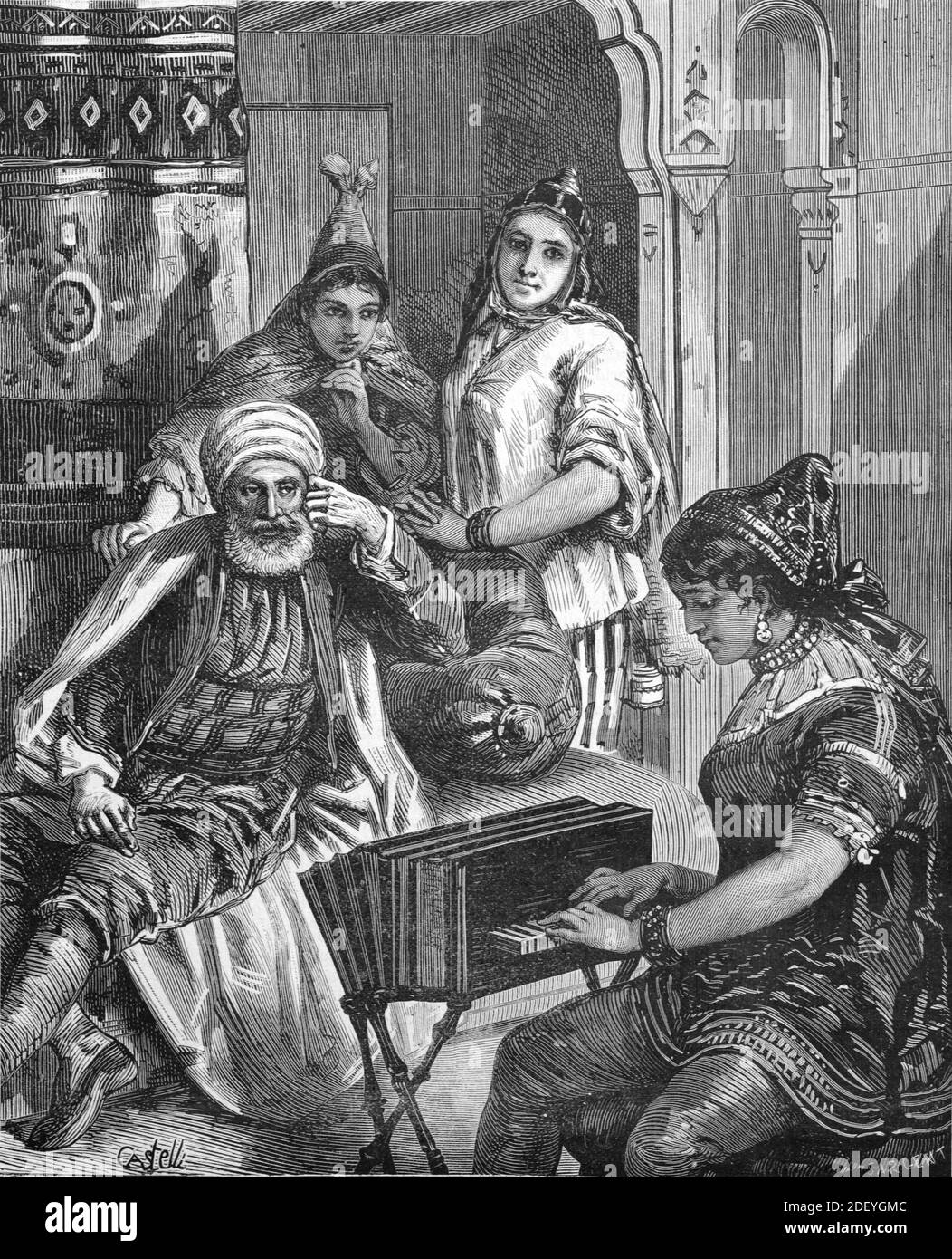 Saturday Evening Music Night in a Jewish Family House in Tunis Tunisia (Engr Castelli, 1884) Vintage Engraving or Illustration Stock Photo