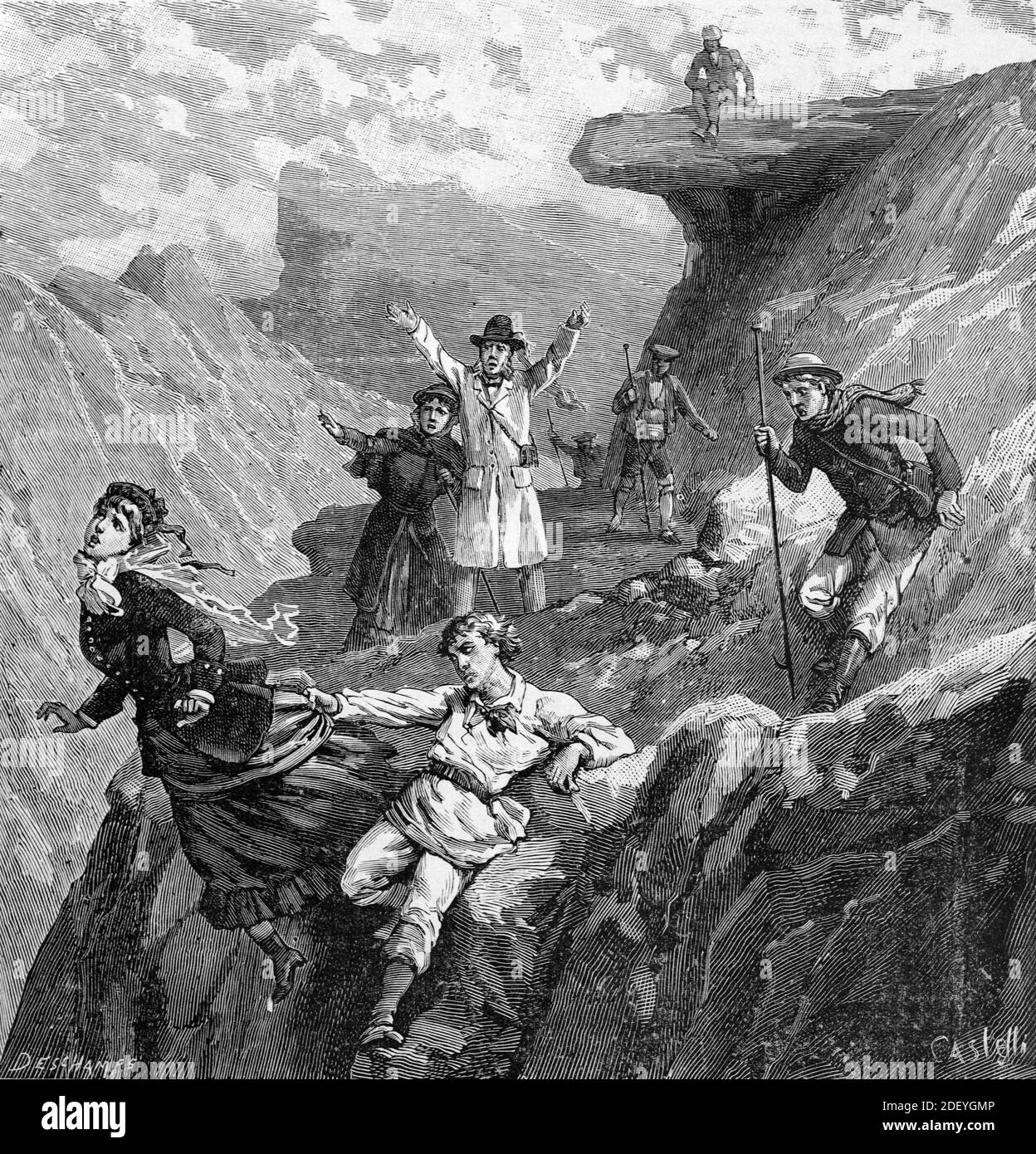 Walking Accident or Tragedy on Mount Puy de Sancy, the Highest Mountain in the Massif Central Puy-de-Dôme France (Engr Castelli, 1884) Vintage Engraving or Illustration Stock Photo