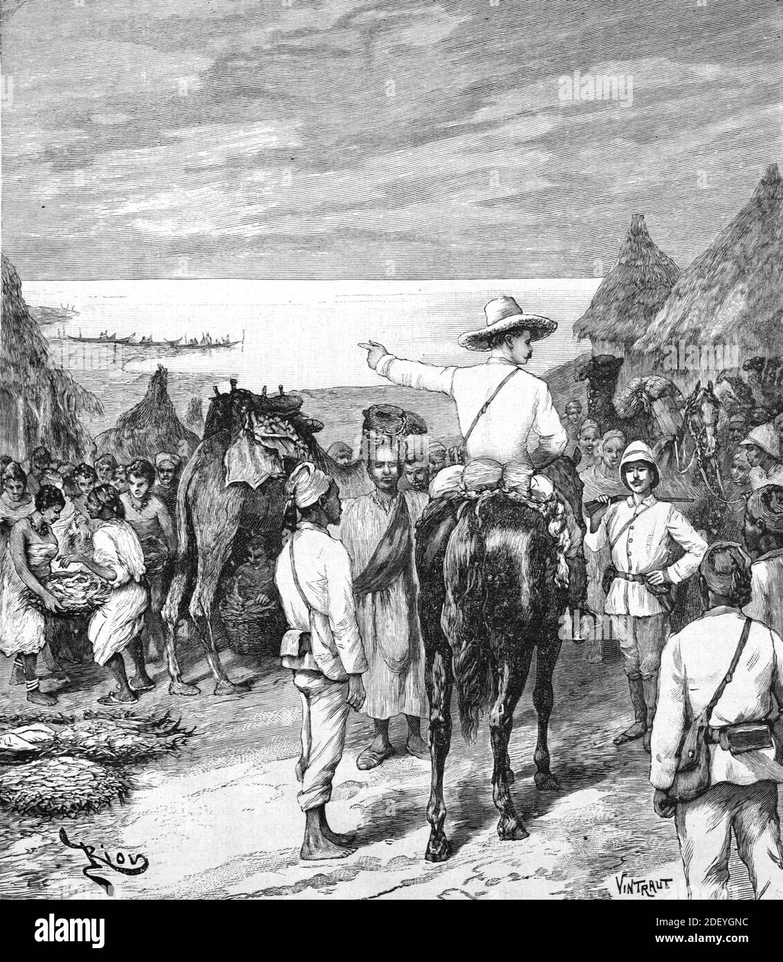 French Colonial Officers at N'Guigmi on the Shores of Lake Chad Niger (Engr 1895) The Lake has since shrunk and N'Guigmi no longer lies on its shores. Vintage Illustration or Engraving Stock Photo