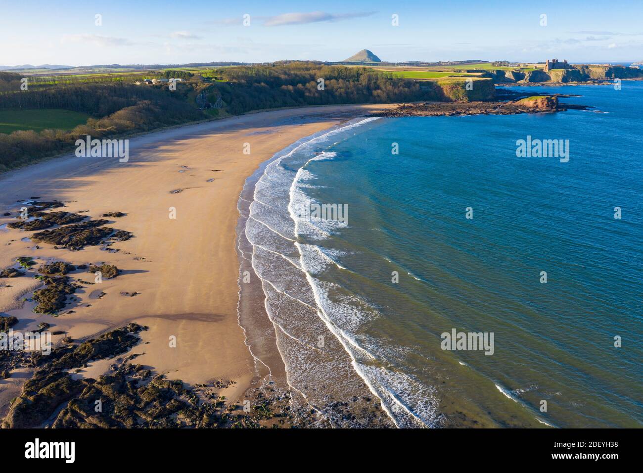 Aerial view of Seacliff Beach in East Lothian, Scotland, UK Stock Photo