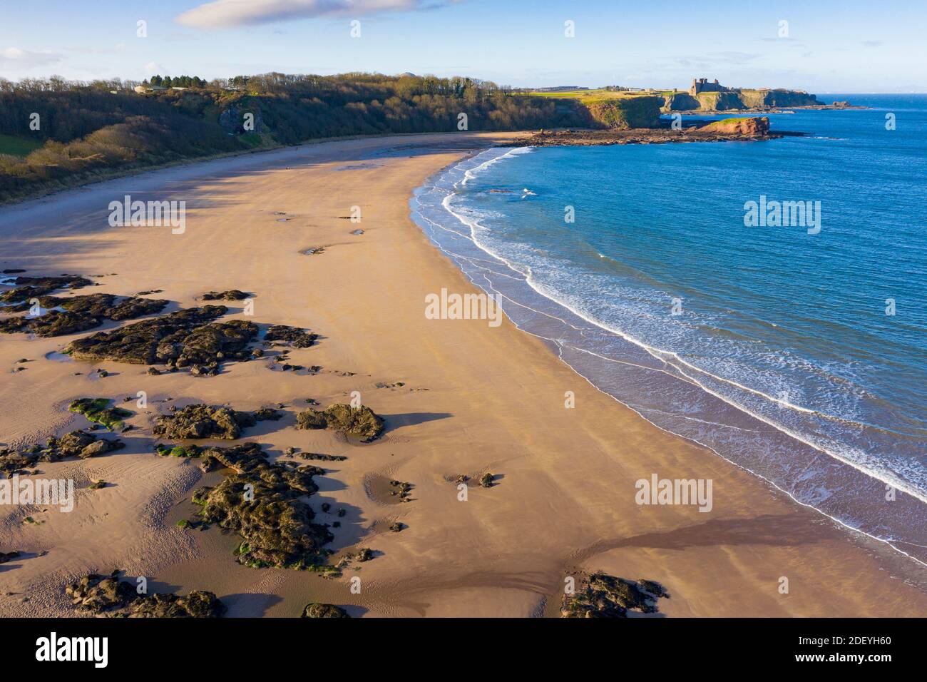 Aerial view of Seacliff Beach in East Lothian, Scotland, UK Stock Photo