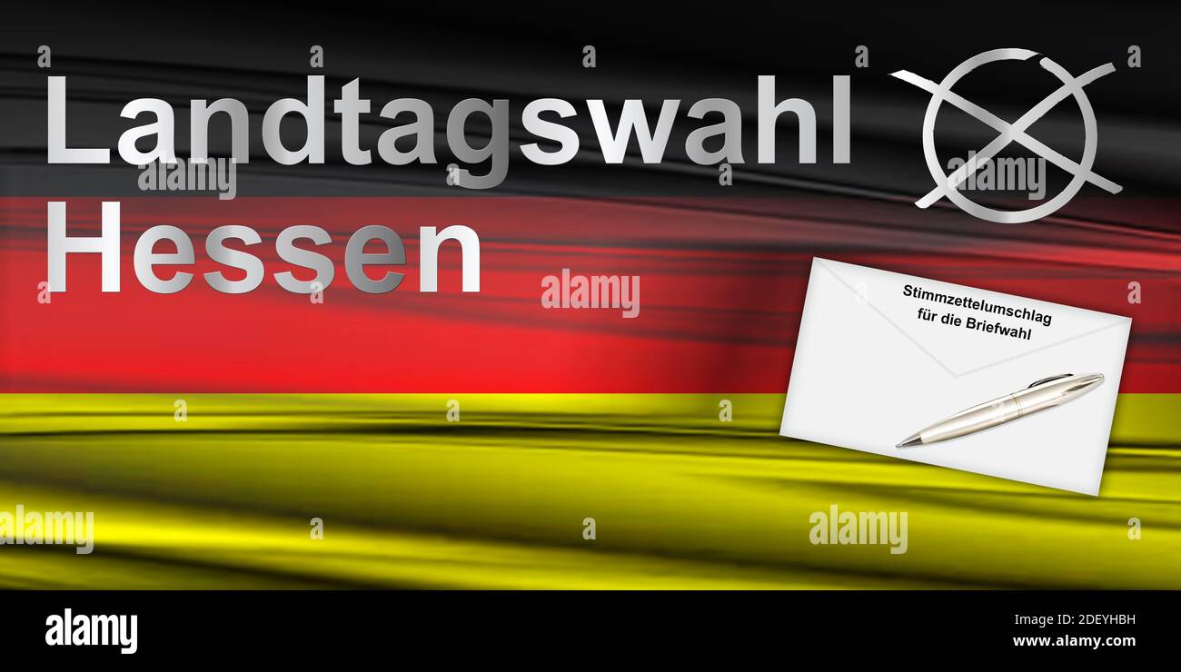 Landtagswahlen Hessen Briefwahl  mit Deutschland  Flagge, Briefumschlag und Wahlkreuz abstrakt Stock Photo