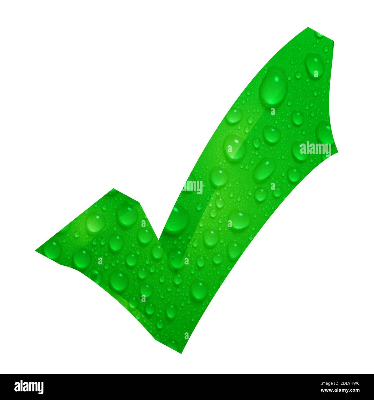 Symbol Haken OK grün mit Wassertropfen isoliert auf weiß Stock Photo