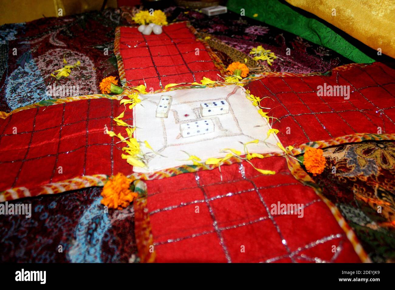 Chaupar/chopad is a cross and circle board game similar to pachisi, Traditional game played in Indian culture . Antique Historical Game of India. Stock Photo