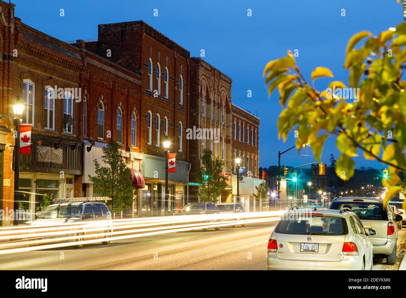 Historical buildings along Sykes Street at dusk in downtown Meaford, Grey County, Ontario, Canada. Stock Photo