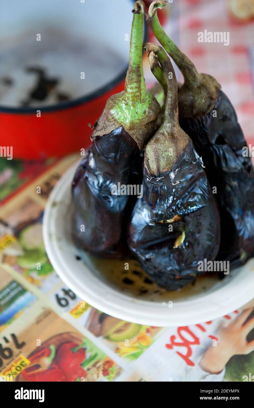 roasted eggplant for making pulp Stock Photo