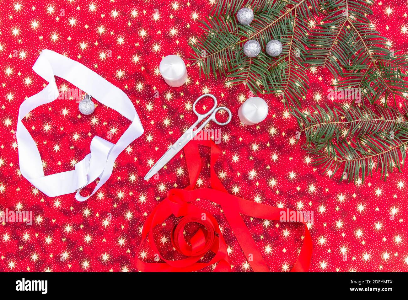 Making of handmade Christmas decoration. DIY concept.Xmas colorful background.Winter holiday seasonal decor.Handcraft activity top view.Merry Christma Stock Photo