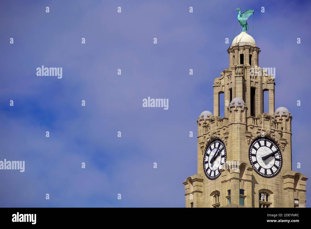 The Royal Liver building and clock with Liver bird and blue sky. Stock Photo