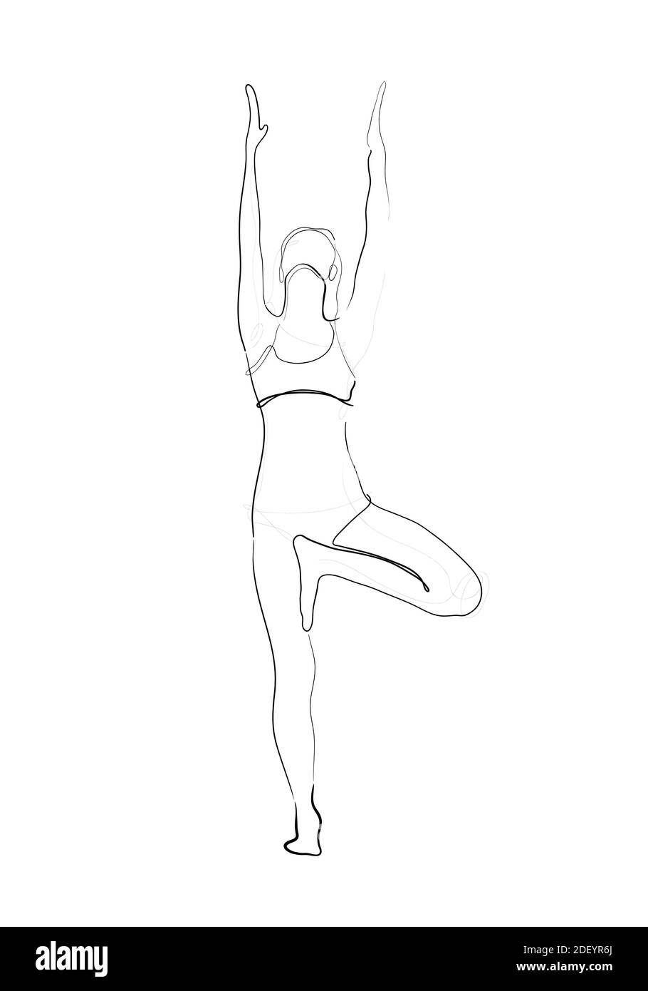 Hand drawn line art illustration of Vrikshasana pose or character woman standing in a tree pose. Stock Photo