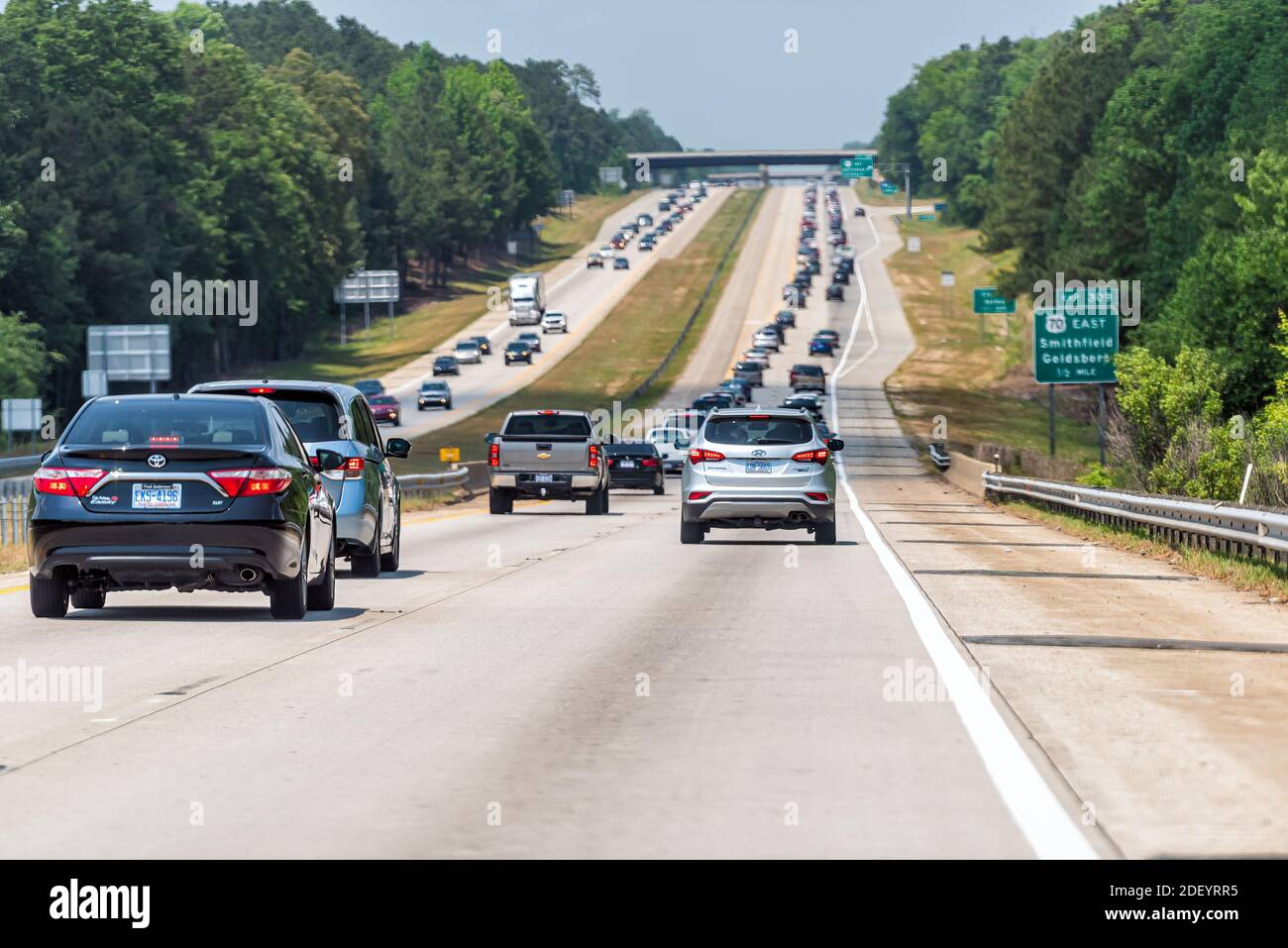 Garner, USA May 13, 2018 Highway road near Raleigh, North Carolina with traffic jam cars and