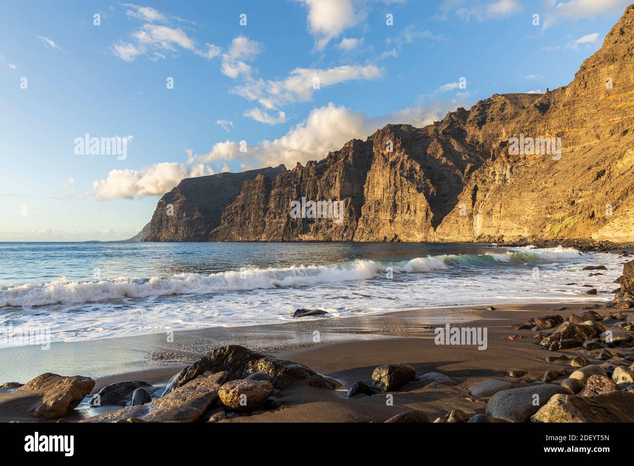 Los Gigantes cliffs on the west coast of Tenerife, from Playa Los Guios, Tenerife, Canary Islands, Spain Stock Photo