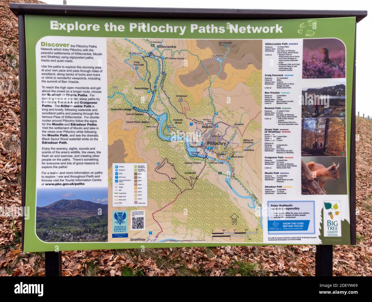 Tourist information board at Pitlochry, about the Pitlochry Paths Network, Perthshire, Scotland, UK Stock Photo