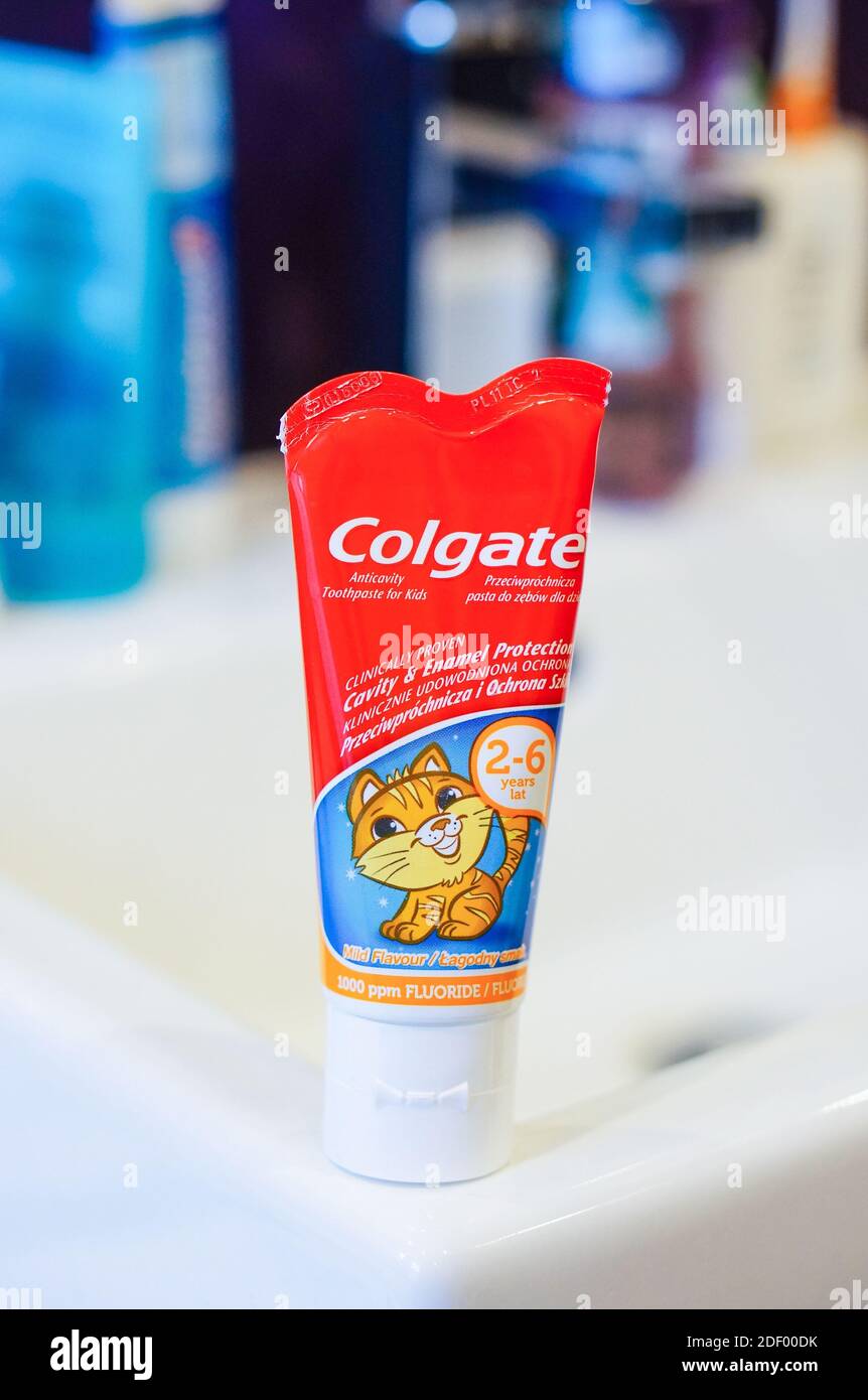 POZNAN, POLAND May 13, 2016 Colgate child tooth paste in a red tube