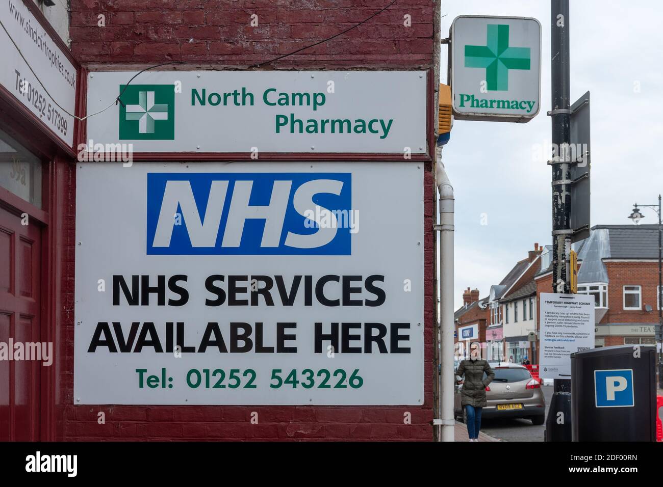 Sign at UK pharmacy for NHS Services Available Here Stock Photo
