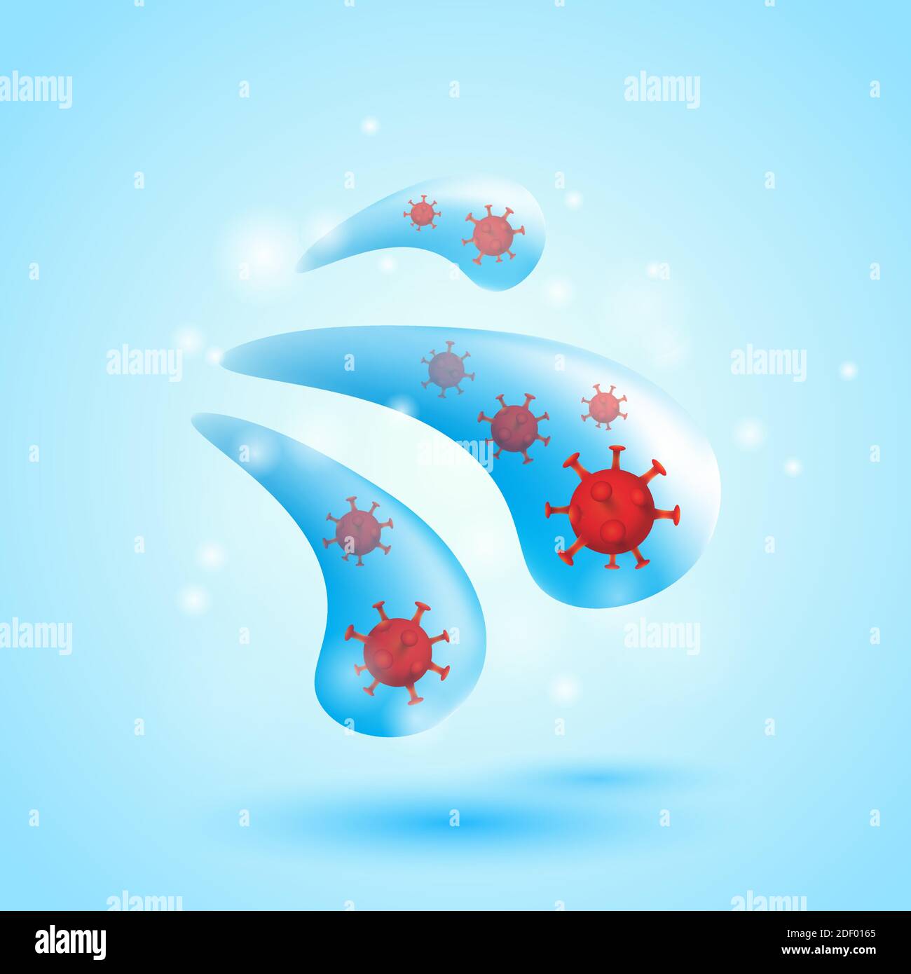 Droplet infection. Corona virus in droplets. Spread of the virus. Water drop and virus cell. Contaminated water. Stock Vector
