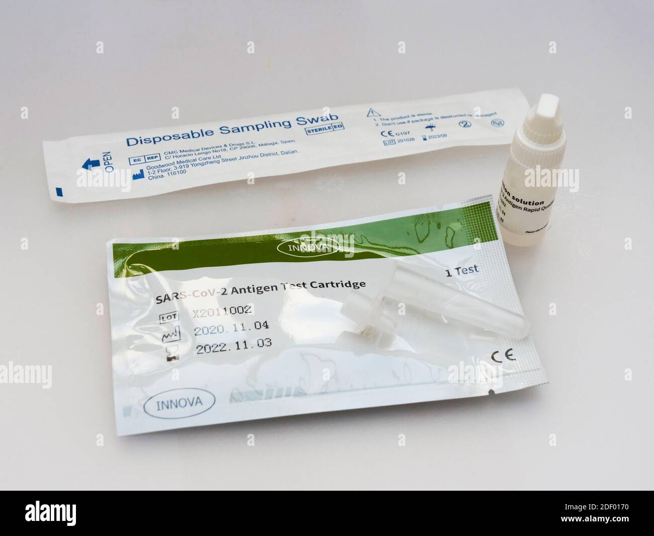 Innova brand Sars Cov 2 Antigen Rapid Qualitative Test Instant Covid 19 Coronavirus testing kit giving a result in 30 minutes issued to NHS staff to self test before going to work. Stock Photo