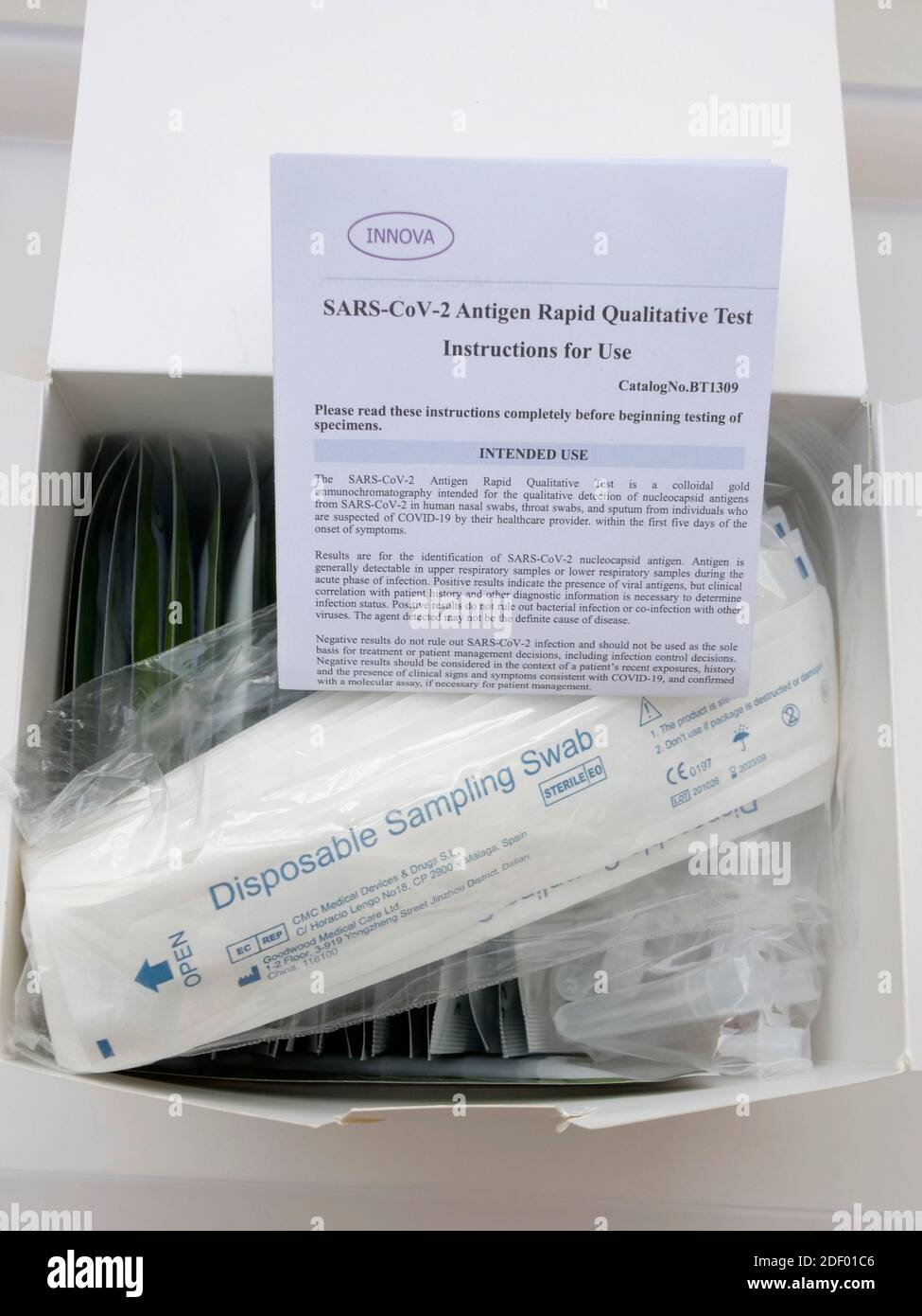Innova brand Sars Cov 2 Antigen Rapid Qualitative Test Instant Covid 19 Coronavirus testing kit giving a result in 30 minutes issued to NHS staff to self test before going to work. Stock Photo