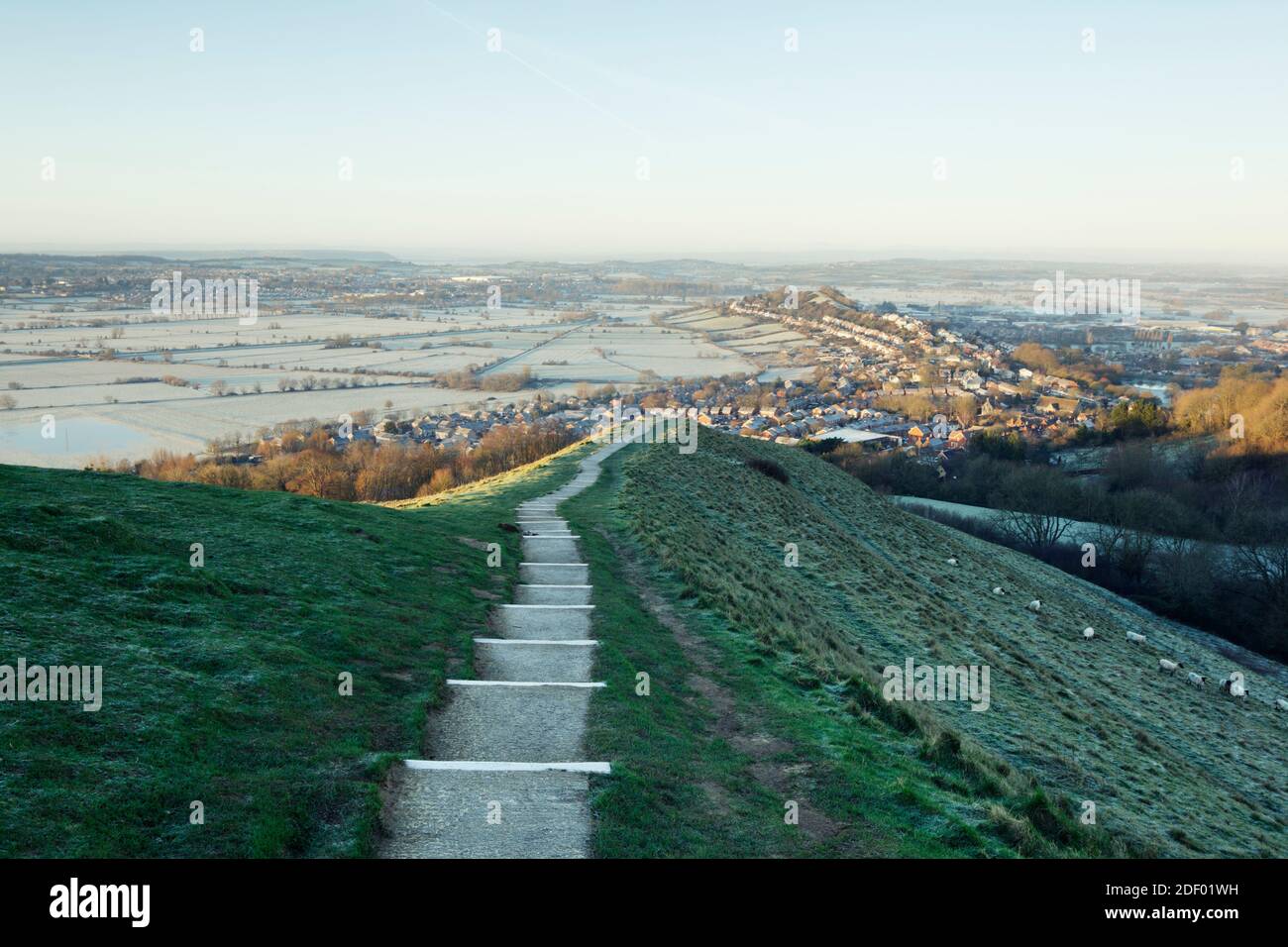 Steps descending Glastonbury Tor on a frosty winter morning. Somerset, UK. Stock Photo