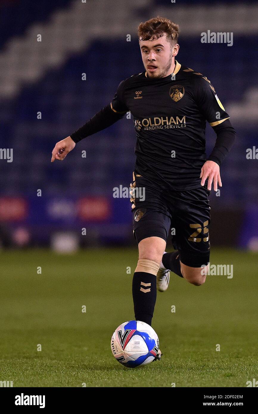 OLDHAM, ENGLAND. DECEMBER 1ST Stock action picture of Oldham Athletic's Alfie McCalmont during the Sky Bet League 2 match between Oldham Athletic and Tranmere Rovers at Boundary Park, Oldham on Tuesday 1st December 2020. (Credit: Eddie Garvey | MI News) Credit: MI News & Sport /Alamy Live News Stock Photo