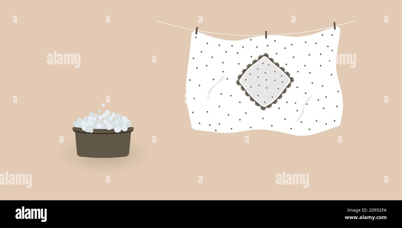 Concept of washing and drying: washed cute white duvet cover with brown polka dots.Blanket cover hanging on clothesline Stock Vector
