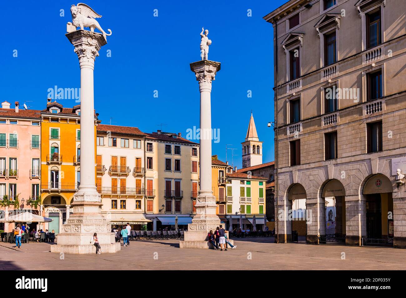 Piazza dei Signori, city square. The two columns, on the left the winged lion, symbol of Saint Mark and the Republic of Venice. Rigt, the redentore, C Stock Photo