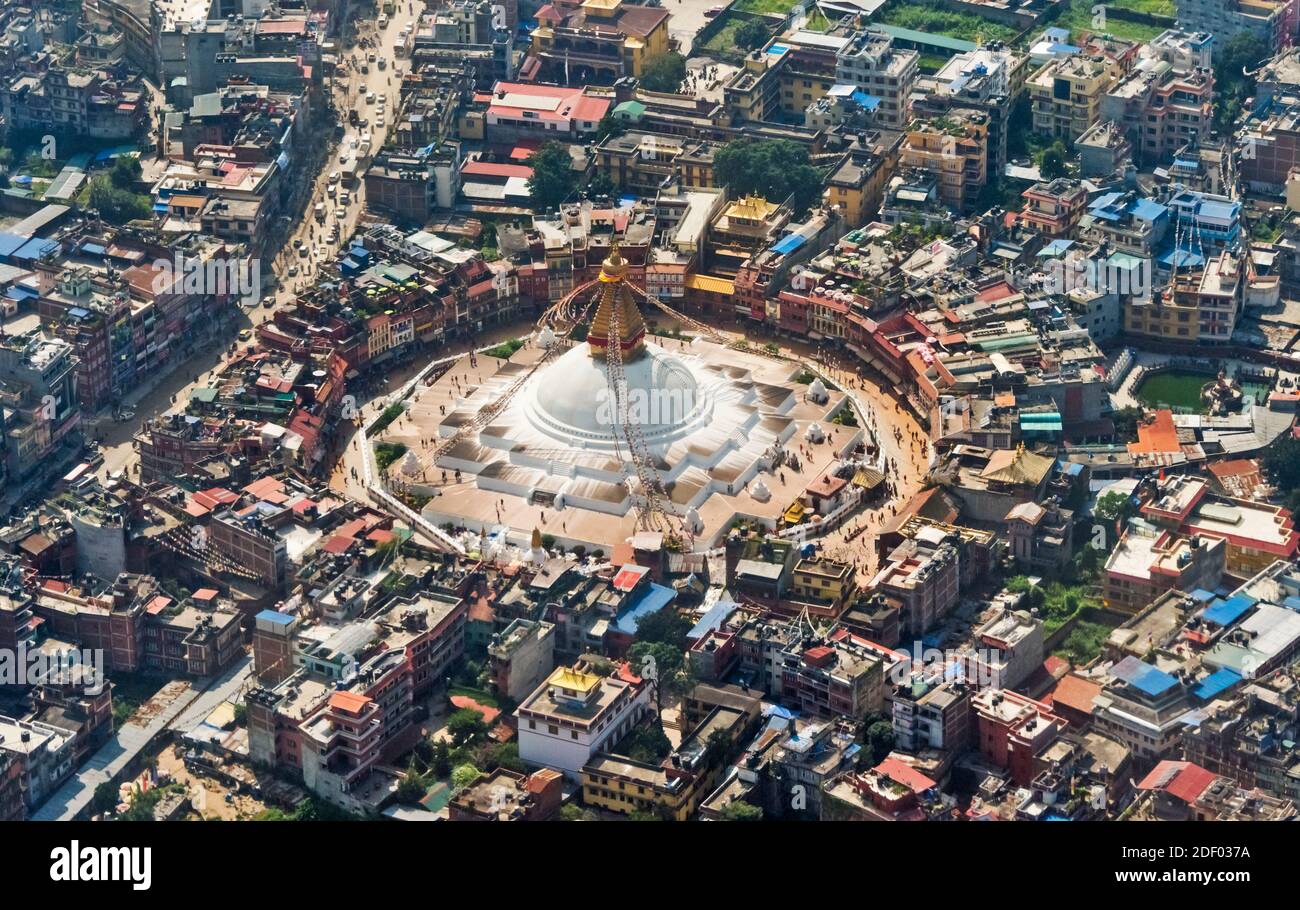 Aerial view of Kathmandu with Boudhanath (Bouddha Stupa) in the middle, Kathmandu, Nepal Stock Photo