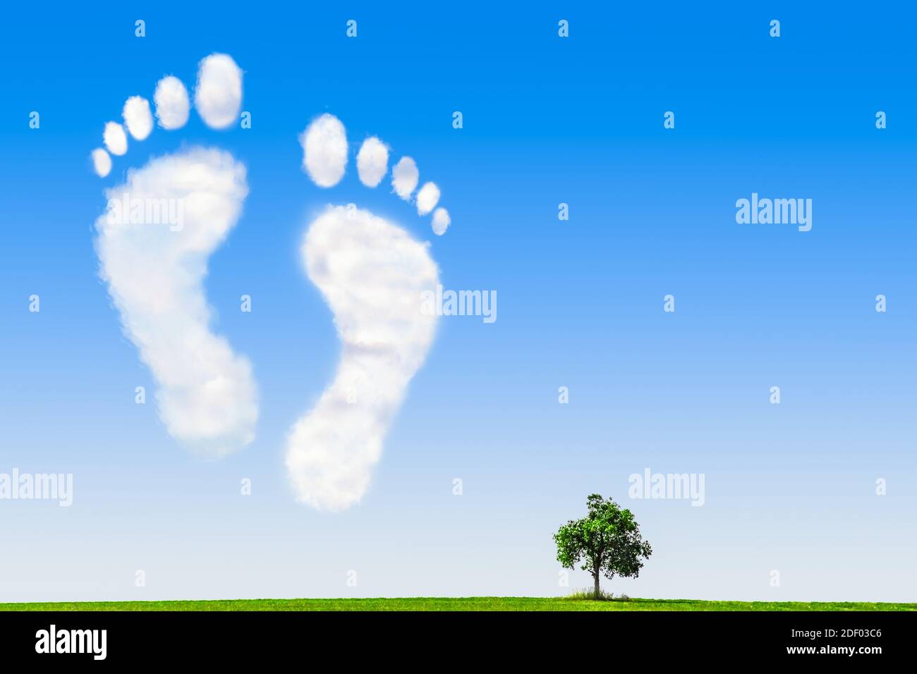 Footprints formed by Clouds on a Blue Sky Over a Green Meadow with a Tree Stock Photo