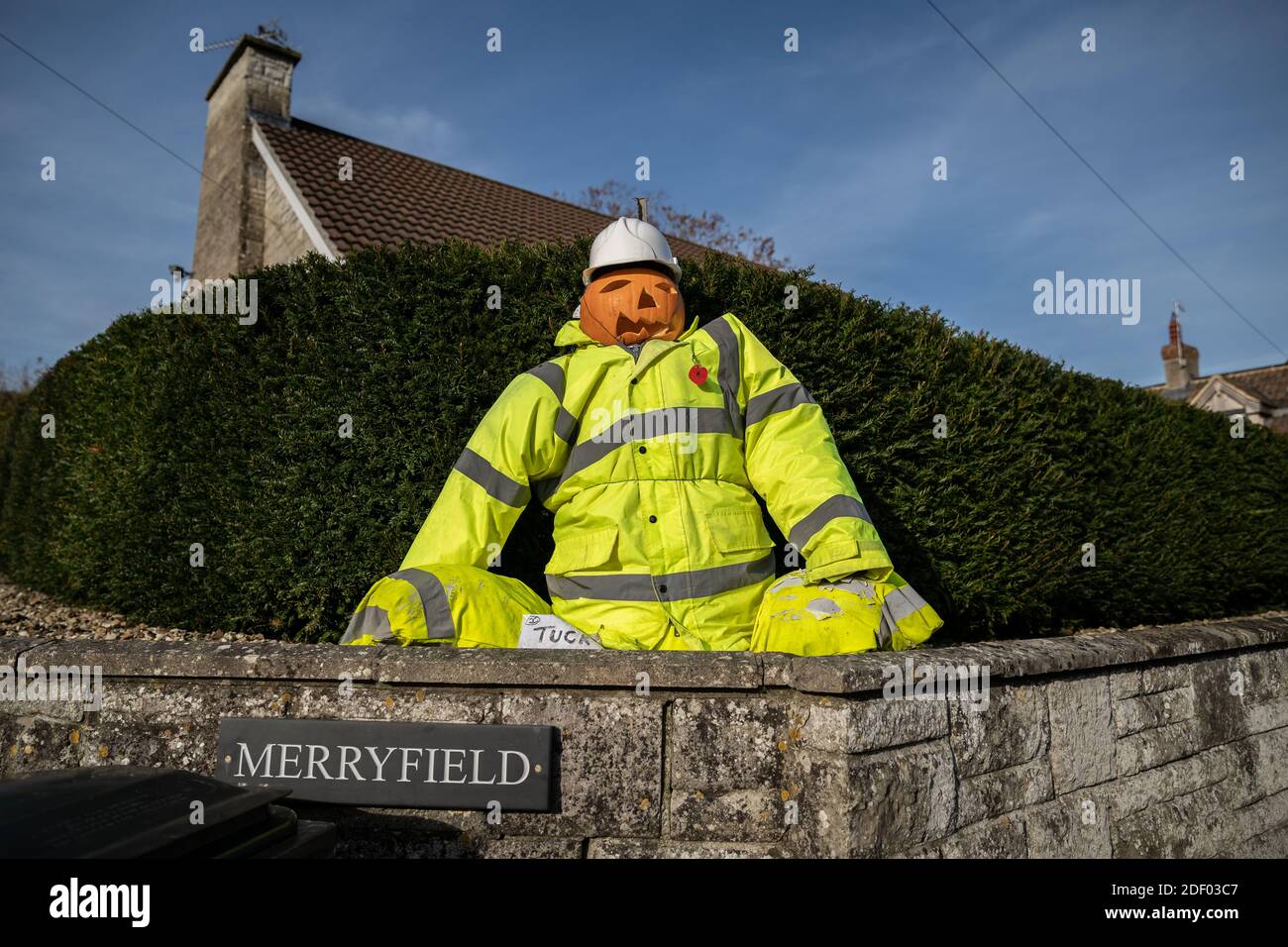 Coronavirus: Lockdown scarecrow characters bring some local homemade humour to the town of Marston Magna in Somerset, UK. Stock Photo