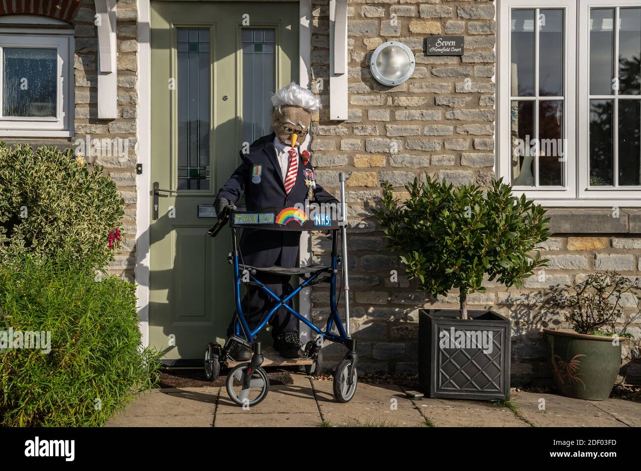 Coronavirus: Lockdown scarecrow characters bring some local homemade humour to the town of Marston Magna in Somerset, UK. Stock Photo