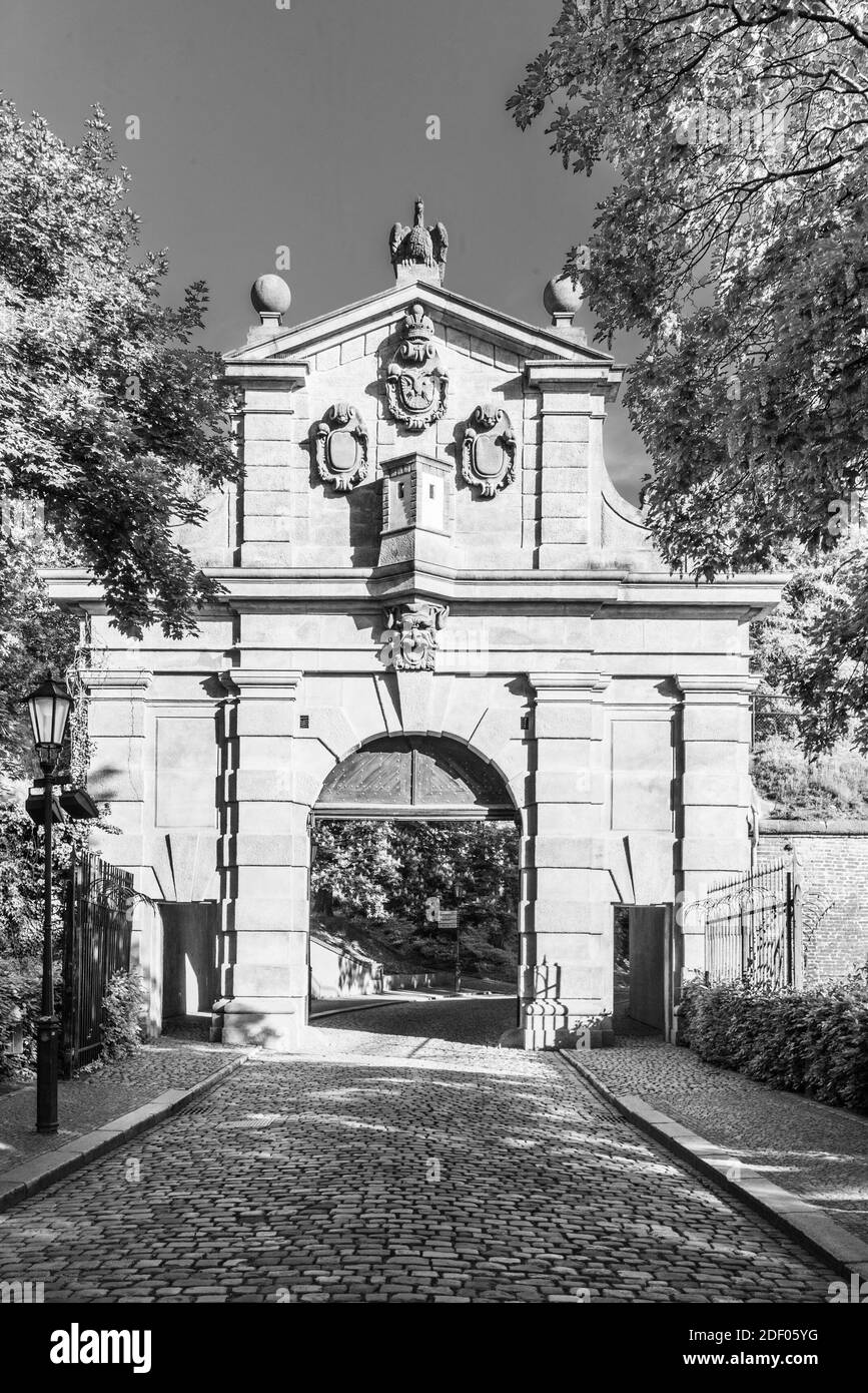 Leopold Gate - part of baroque fortification of Vysehrad, Prague, Czech Republic. Black and white image. Stock Photo