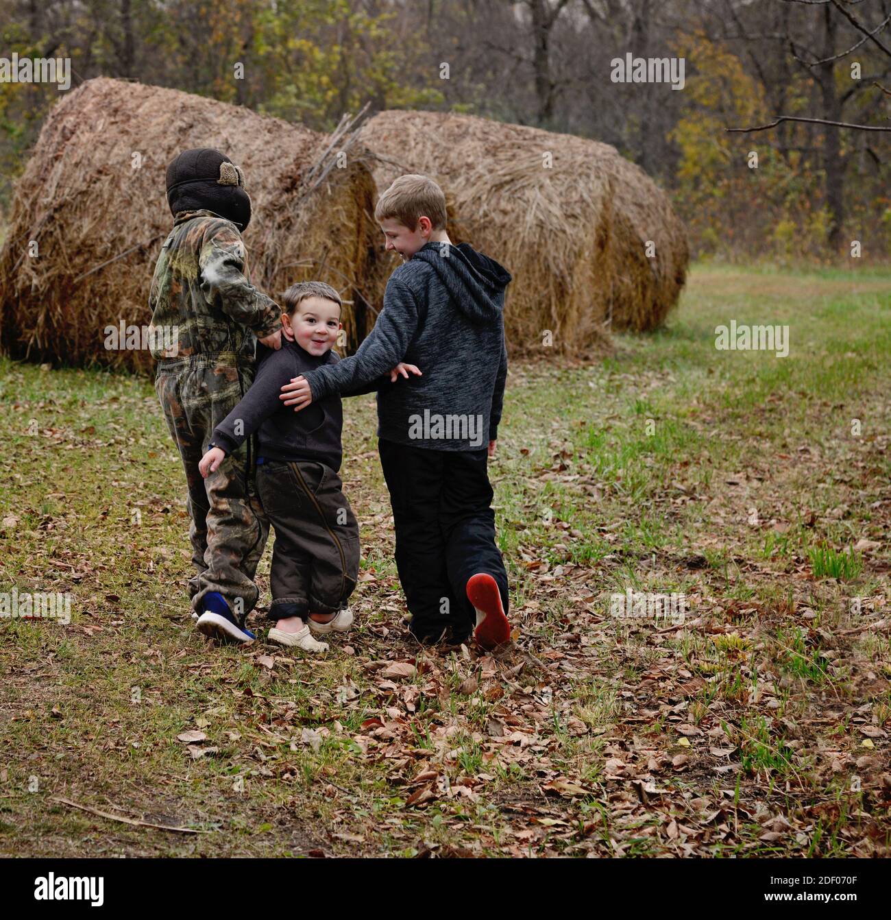 three boy brothers in the Autumn Stock Photo